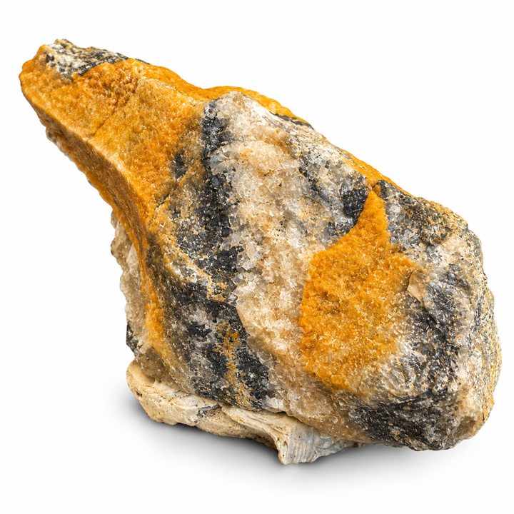 Close-up of Coloradoite from Colorado, USA, highlighting golden-yellow surface textures, dark mineral patches and crystalline matrix.