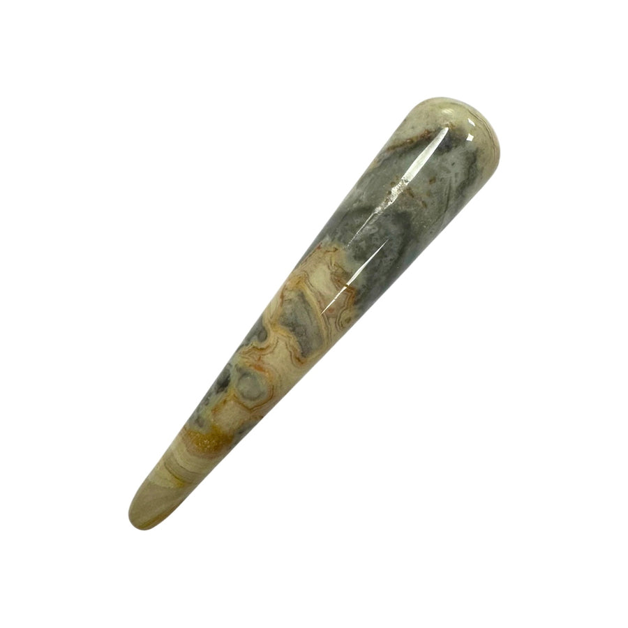 Polished Crazy Lace Agate massage wand featuring swirling cream, red, and grey banding patterns, ideal for uplifting energy work