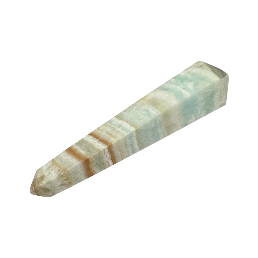GeoFossils Double Terminated Caribbean Calcite Massage Wand – polished blue and white double-pointed wand for energy flow, dreamwork and calm
