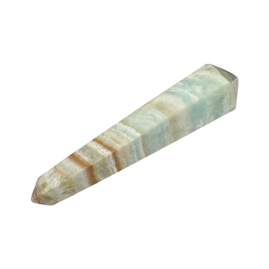 GeoFossils Double Terminated Caribbean Calcite Massage Wand – polished blue and white double-pointed wand for energy flow, dreamwork and calm
