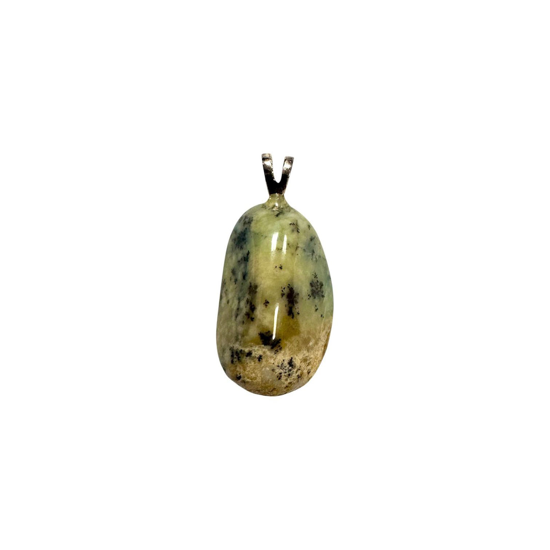 GeoFossils Dendritic Moss Opal Sterling Silver Pendant – Madagascan moss opal with dendritic inclusions in sterling silver setting – grounding and nature connection jewellery – handmade in the UK.