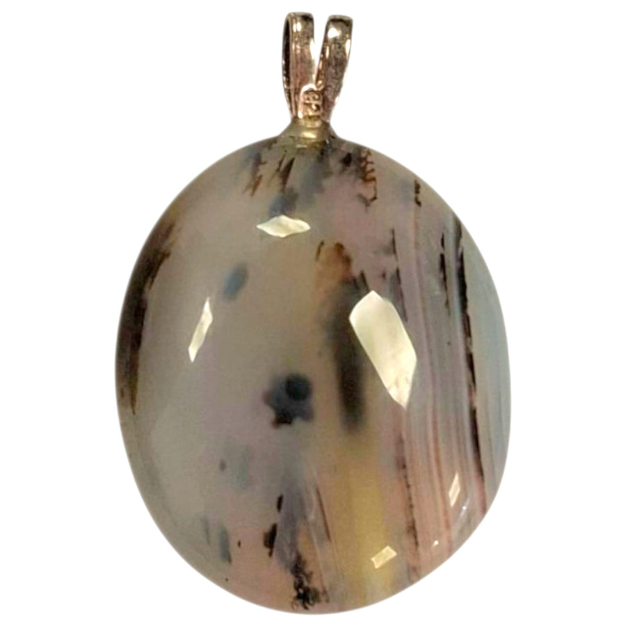 GeoFossils Dendritic Agate Sterling Silver Pendant – Madagascan chalcedony with fern-like inclusions in sterling silver setting – grounding, patience, and nature connection jewellery – handmade in the UK.