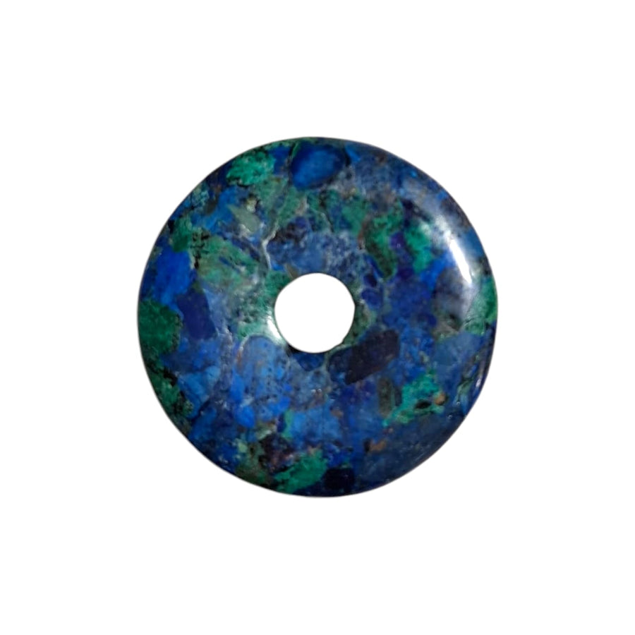 Azurite Malachite Munay Ki Pi Donut by GeoFossils – smooth, blue-green circular stone, perfect for intuition, emotional healing, and connecting with the Third Eye and Heart Chakras in Andean spiritual practices.