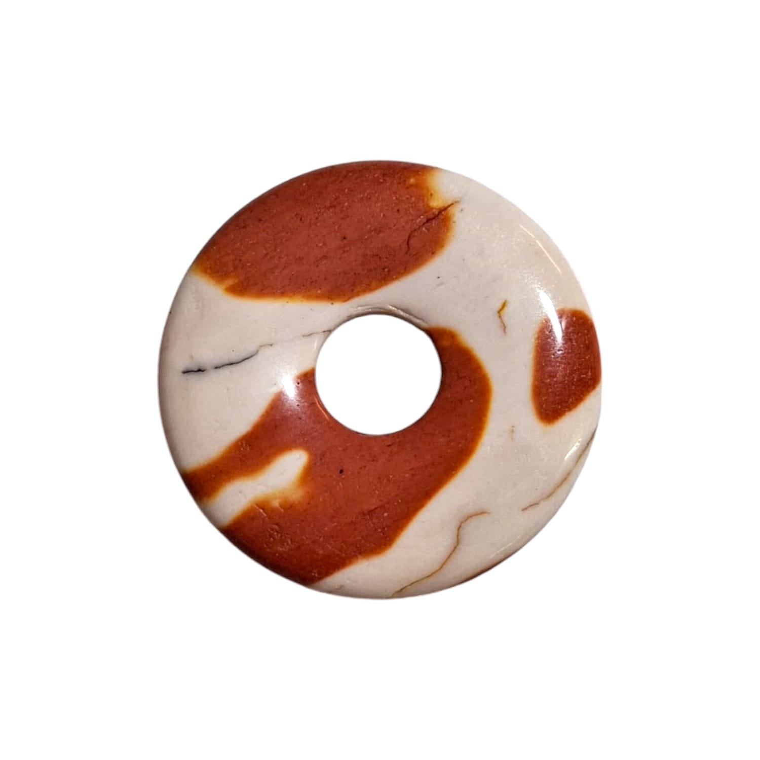Brecciated Jasper Munay Ki Pi Donut by GeoFossils – smooth, red and brown circular stone with natural patterns, perfect for grounding, emotional balance, and connecting with the Root and Sacral Chakras in Andean spiritual practices.