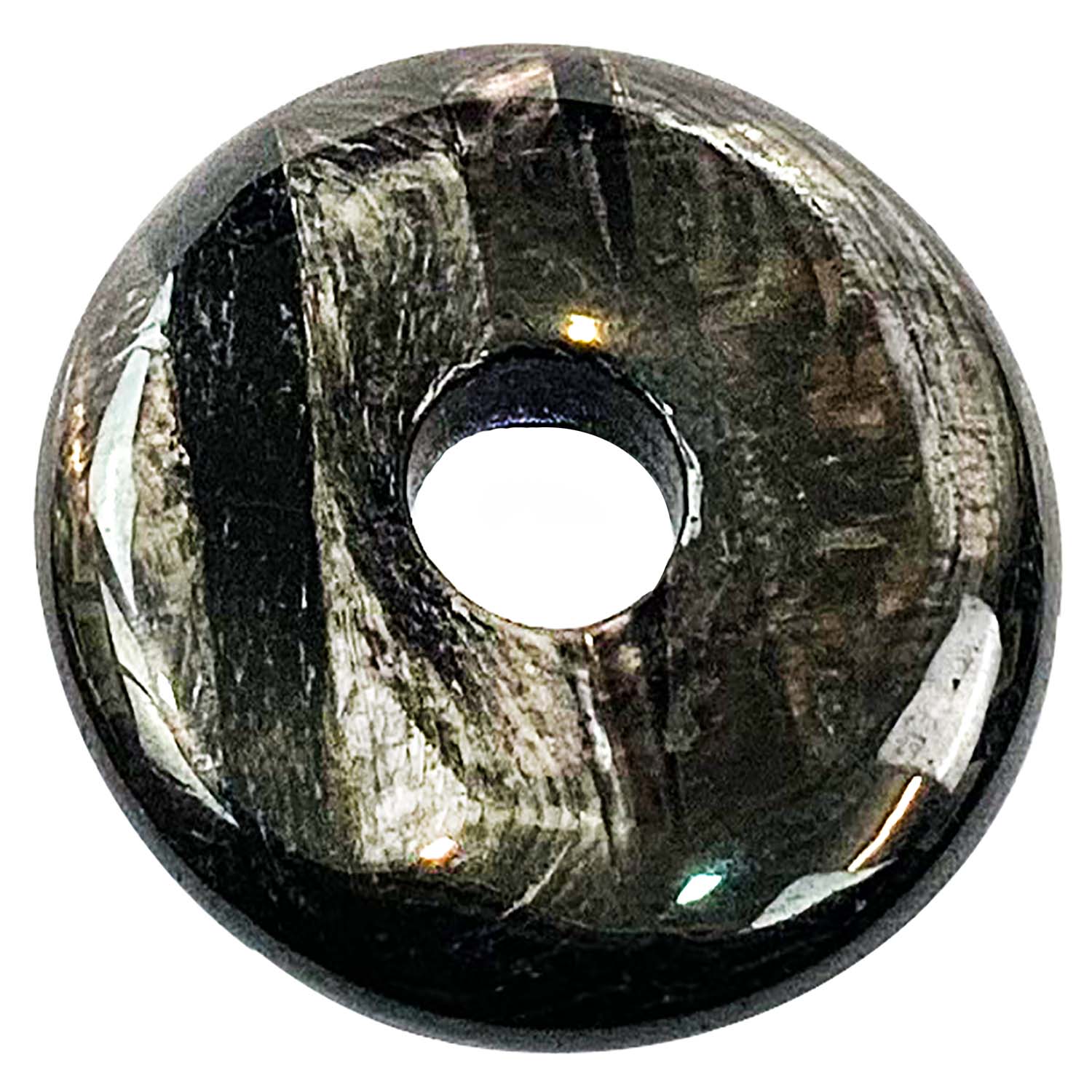 Hypersthene Munay Ki Pi Donut by GeoFossils – smooth, dark iridescent stone with a shimmering surface, perfect for grounding, protection, and connecting with the Root and Third Eye Chakras in Andean spiritual practices.