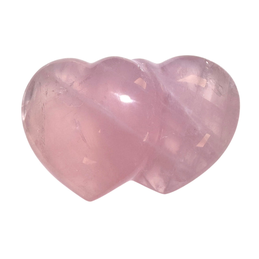 GeoFossils Double Rose Quartz with Girasol Hearts 9cm – Madagascan pink quartz and girasol carving for love, clarity, and unity, polished twin heart gemstone made in the UK.