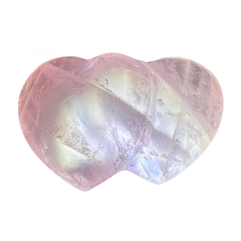 GeoFossils Double Rose Quartz with Girasol Hearts 9cm – Madagascan pink quartz and girasol carving for love, clarity, and unity, polished twin heart gemstone made in the UK.