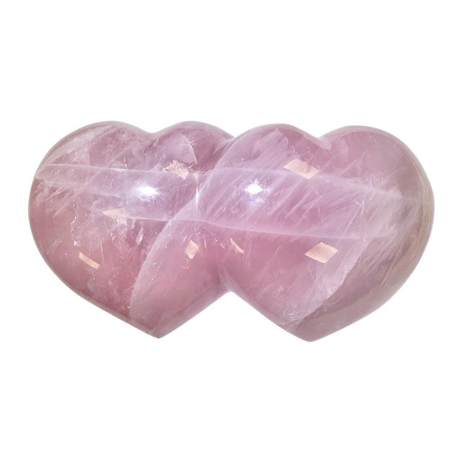GeoFossils Double Rose Quartz with Girasol Hearts 13cm – Madagascan pink quartz and girasol twin heart carving for love, clarity, and harmony, polished gemstone heart made in the UK.