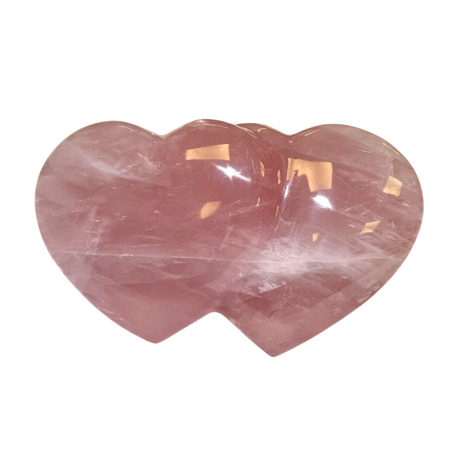 GeoFossils, double rose quartz with girasol hearts, Madagascan crystal carving, pink quartz and girasol quartz, twin heart crystal, heart chakra crystal, Taurus gemstone, Libra gemstone, water element crystal, love crystal, compassion crystal, emotional healing crystal, clarity crystal, unity carving, natural gemstone Madagascar, UK prepared crystal, New, New Item