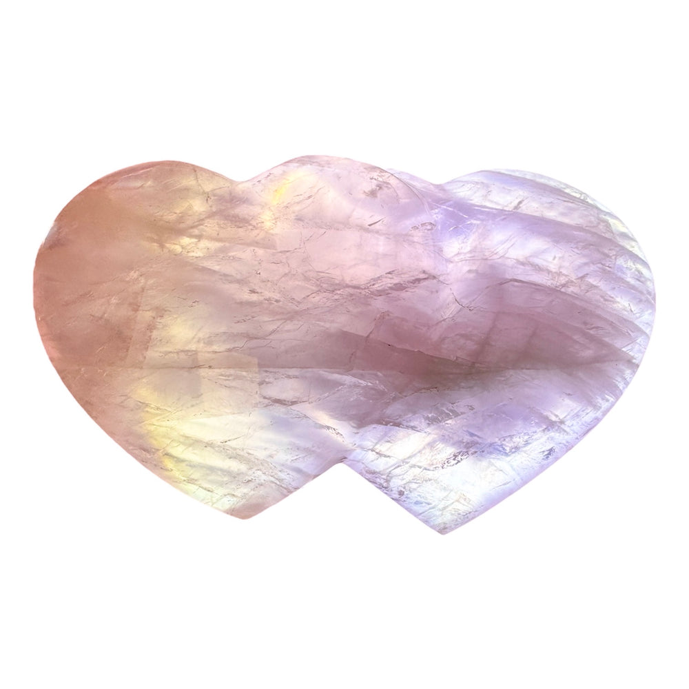 GeoFossils Double Rose Quartz with Girasol Hearts 11cm – Madagascan crystal carving for love, clarity, and emotional healing, polished twin heart gemstone made in the UK.