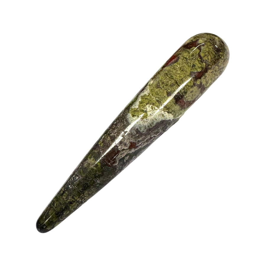 GeoFossils Smooth Dragon’s Blood Jasper Massage Wand – deep green and red polished crystal wand for strength, vitality and grounding support