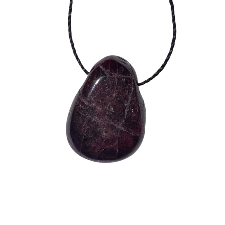 Polished Almandine Garnet drilled tumblestone threaded with black cord, ideal for grounding and protection jewellery