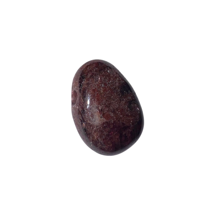 Close-up of Almandine Garnet drilled tumblestone with rich burgundy-red tones and natural shimmer"
