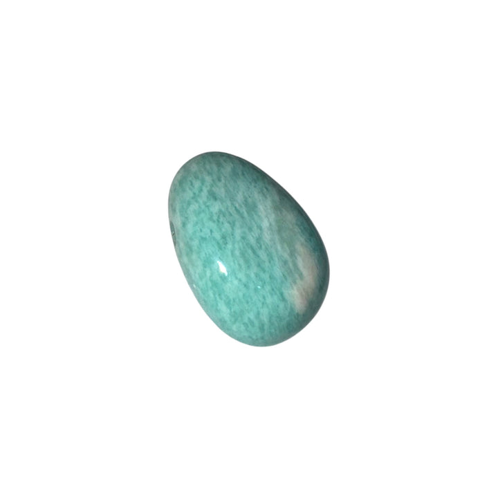 Close-up of Amazonite drilled tumblestone featuring natural aqua tones and smooth polished finish