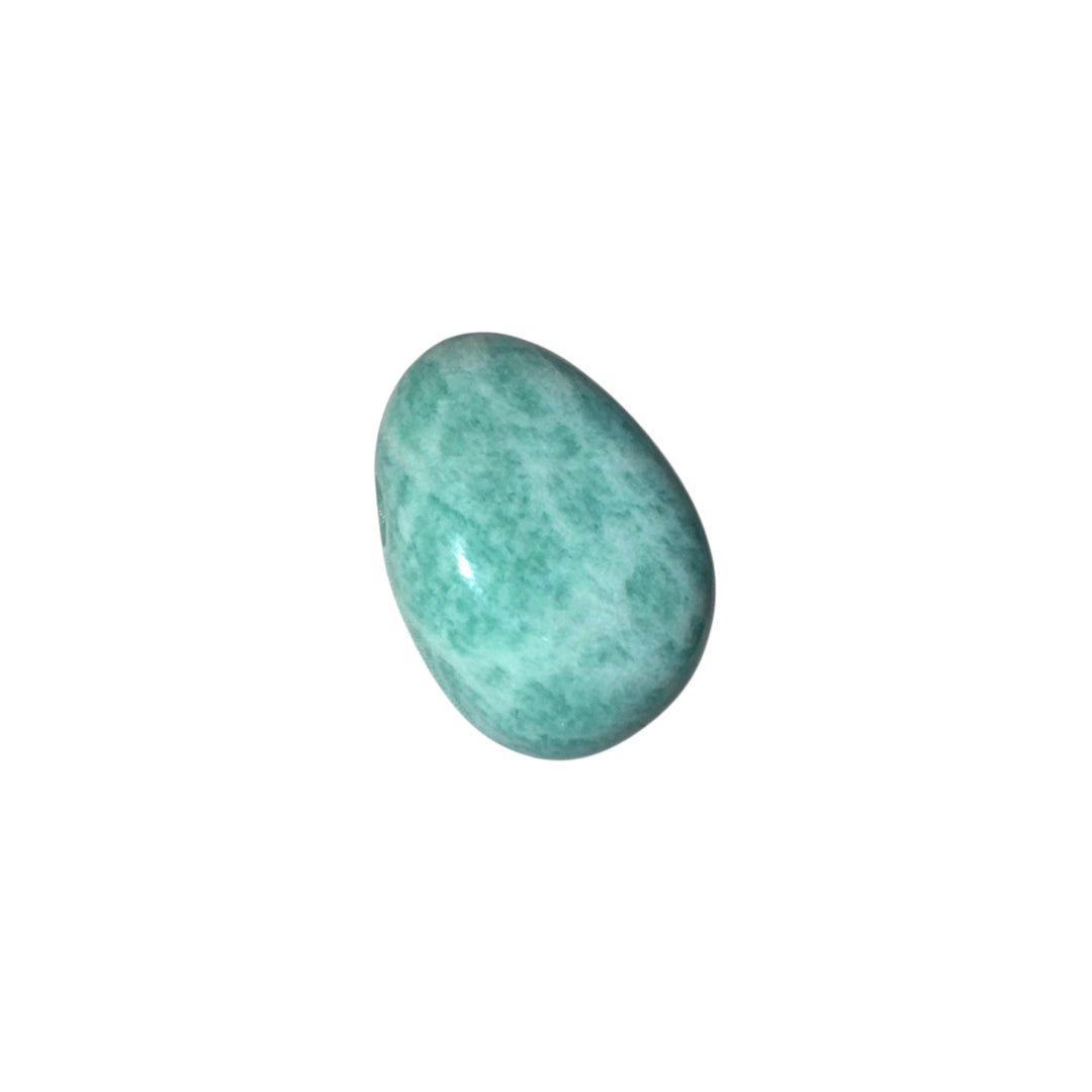 Polished Amazonite tumble stone with soft blue-green colour and subtle white streaks, shown without cord