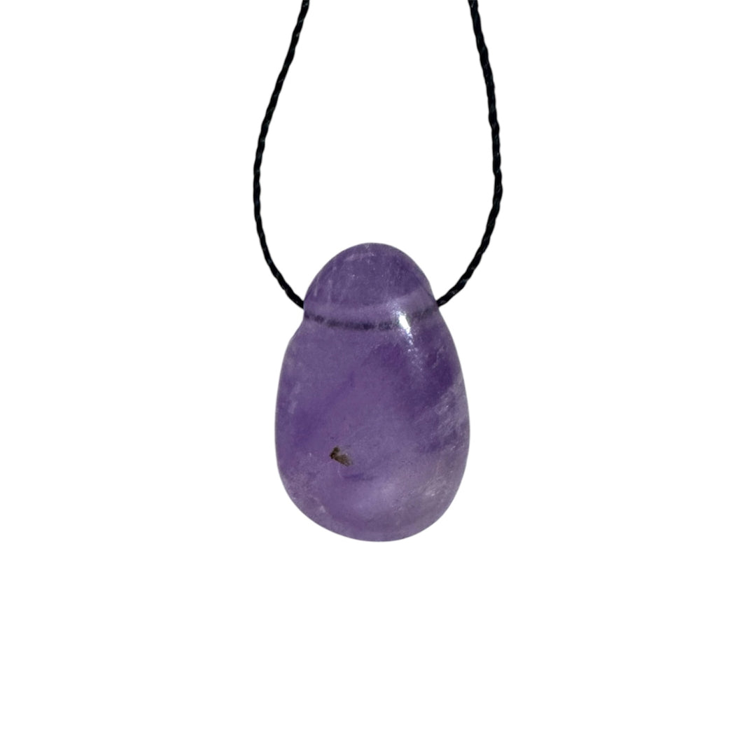 Polished Amethyst drilled tumblestone with black cord, featuring rich purple tones for calming and spiritual protection