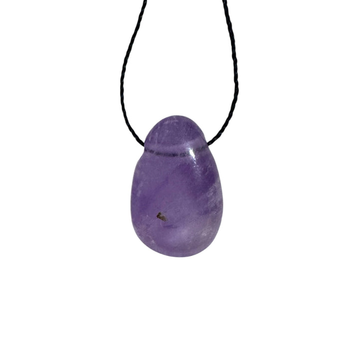 Polished Amethyst drilled tumblestone with black cord, featuring rich purple tones for calming and spiritual protection