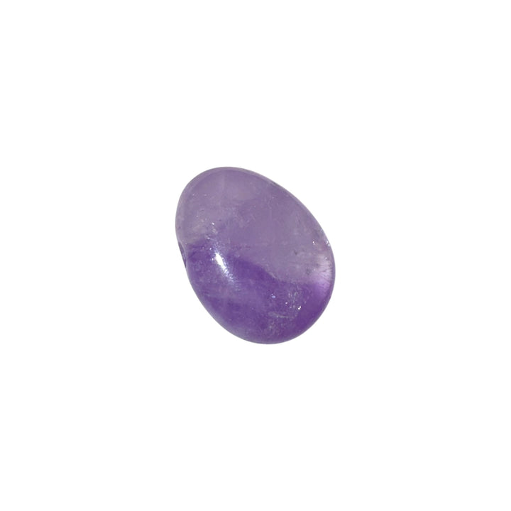 Close-up of Amethyst drilled tumblestone showing natural purple colour, polished surface, and white inclusions