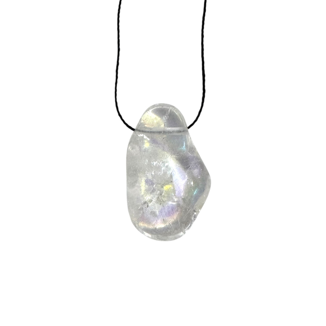Iridescent Angel Aura Quartz drilled tumblestone threaded with black cord, displaying a shimmering rainbow finish