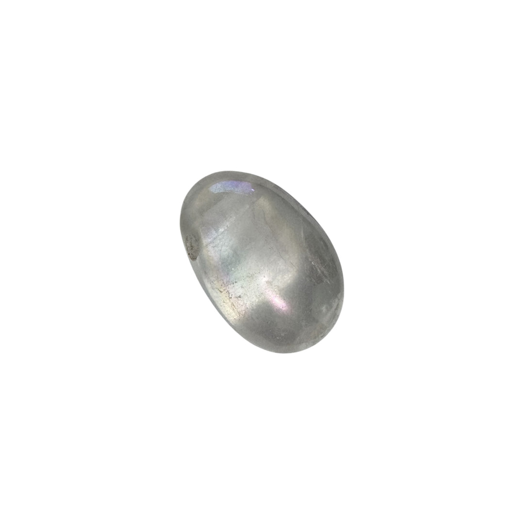 Angel Aura Quartz tumble stone showing iridescent coating and smooth, reflective surface, without cord