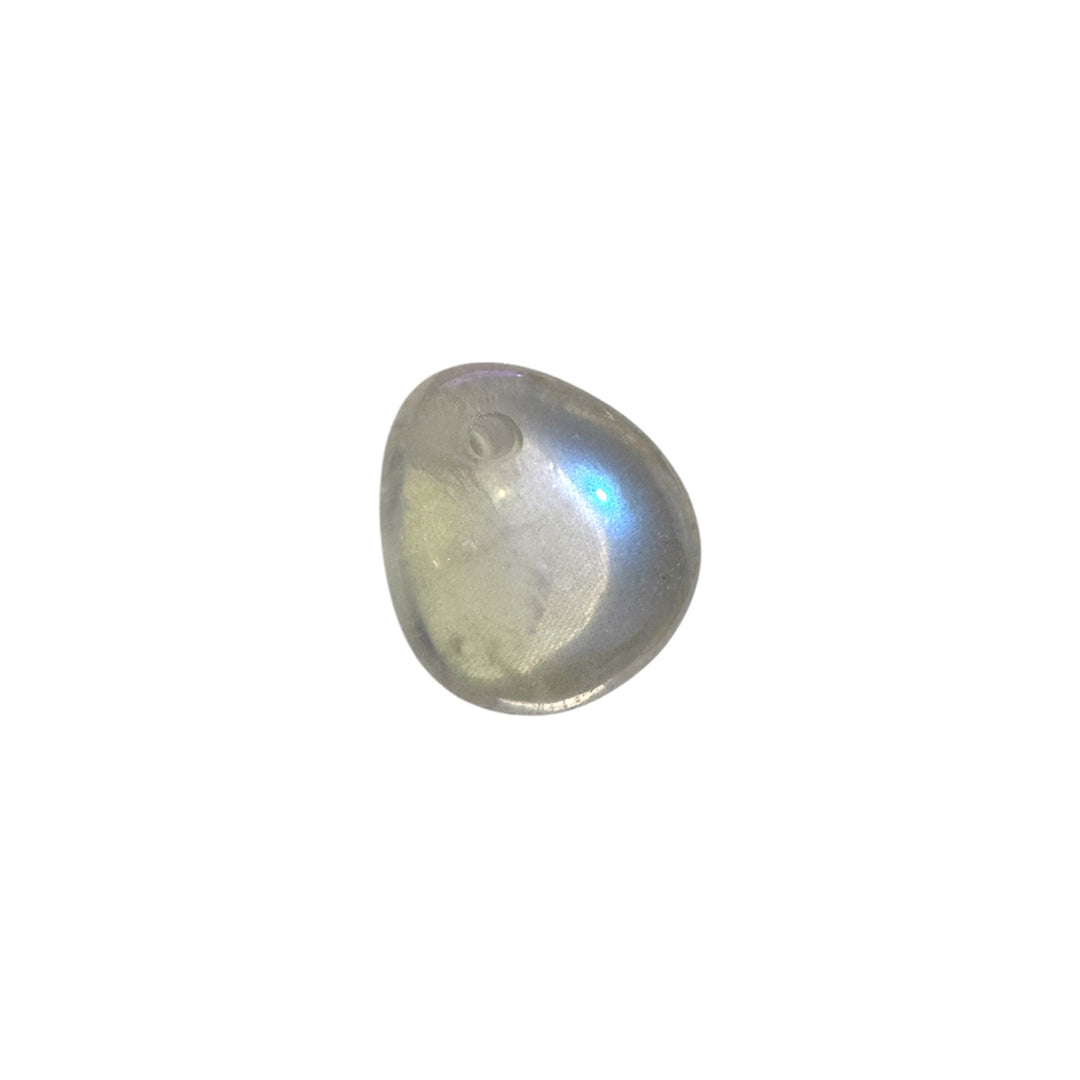 Side view of Angel Aura tumblestone showing precise drill hole and light-reflective finish for use in jewellery making