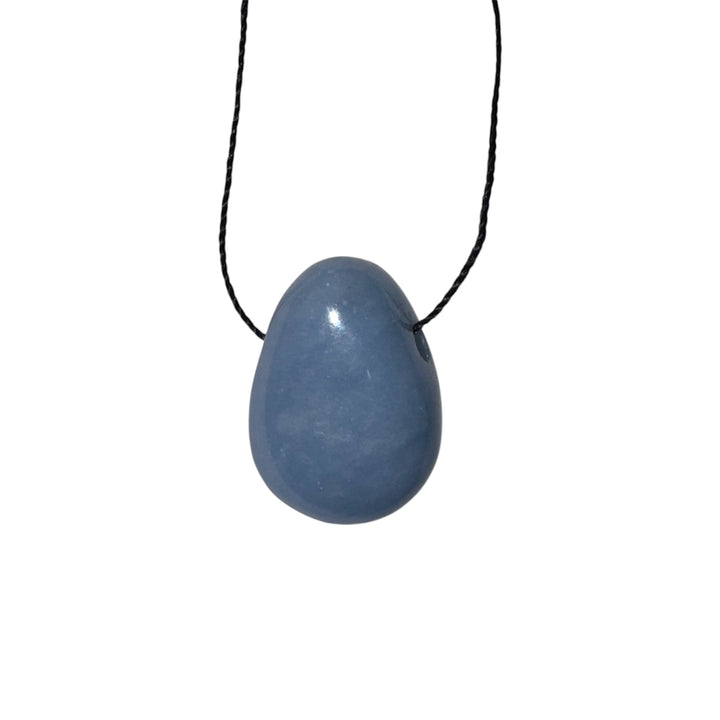 Soft blue Angelite drilled tumblestone threaded with black cord, ideal for soothing energy and spiritual communication