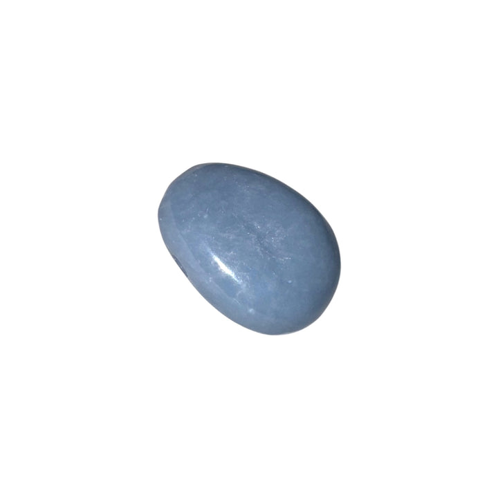 Close-up of Angelite drilled tumblestone highlighting its smooth matte surface and pale periwinkle colour