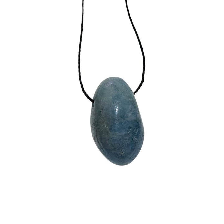 Polished Aquamarine drilled tumblestone threaded with black cord, featuring soft blue-green tones for calming and communication energy