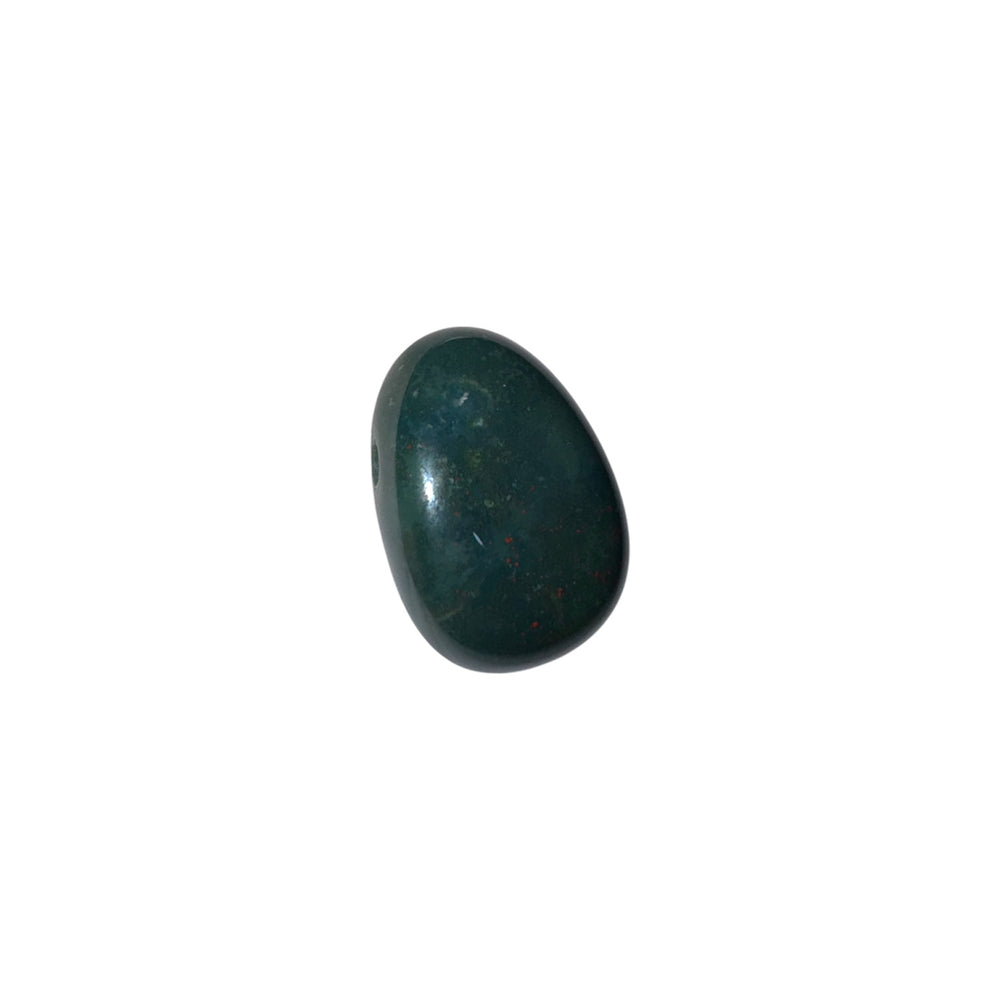 Close-up of Bloodstone drilled tumblestone showing dark green body with natural red and gold flecks, polished to a smooth finish