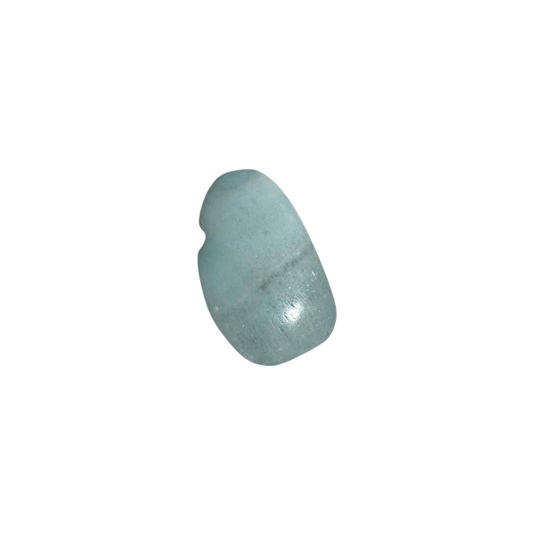 Close-up of Blue Aragonite drilled tumblestone with gentle sky-blue colour, smooth polish, and natural veinin