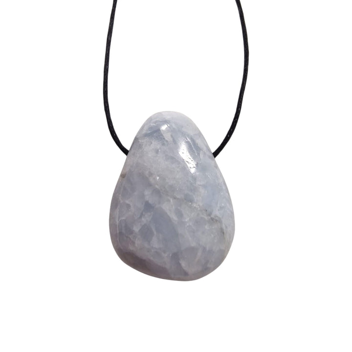 GeoFossils Blue Calcite drilled tumble stone shown on black cotton cord, ready to wear