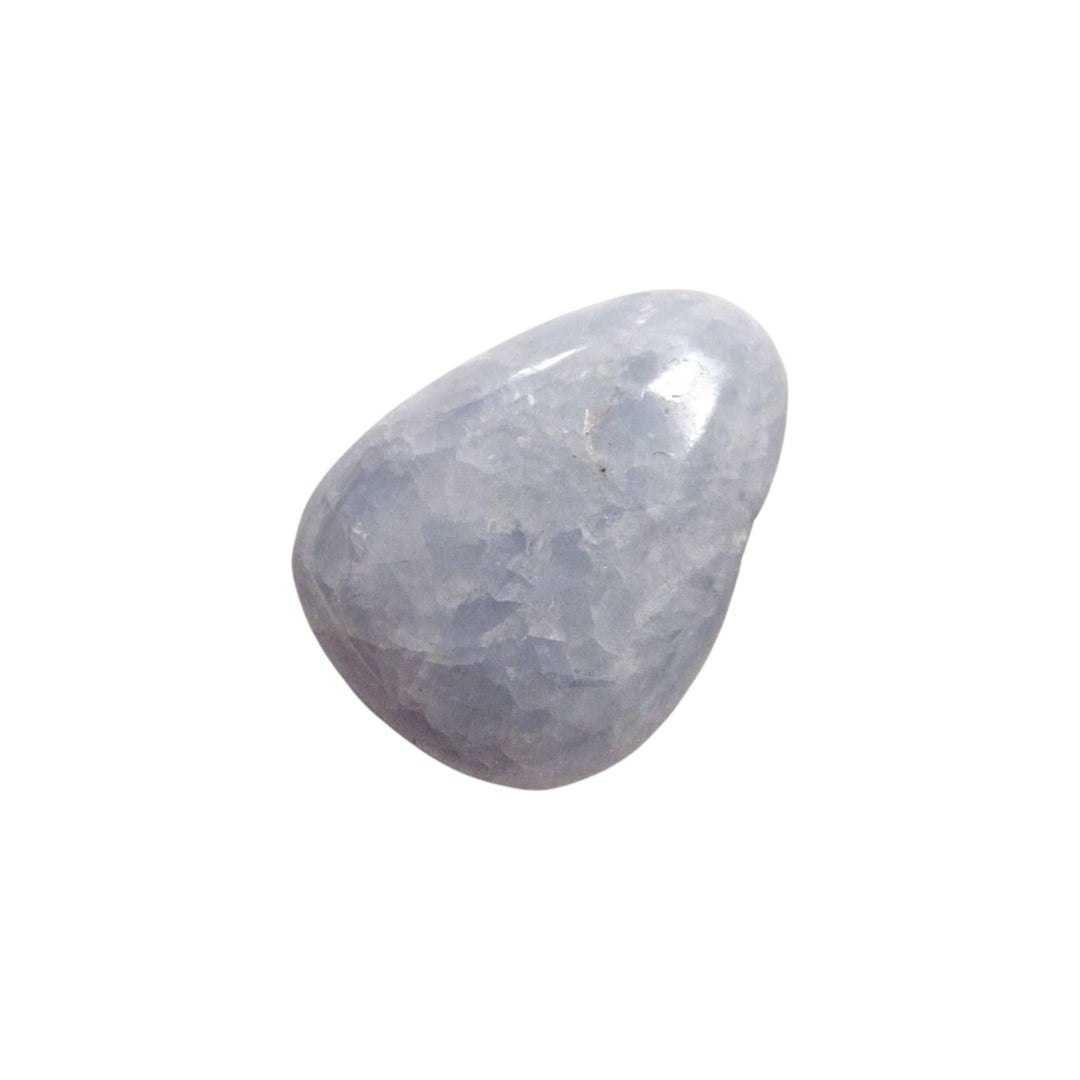 GeoFossils Blue Calcite drilled tumble stone with soft blue tone and natural curves