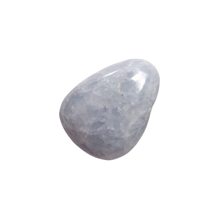 GeoFossils Blue Calcite drilled tumble stone with soft blue tone and natural curves