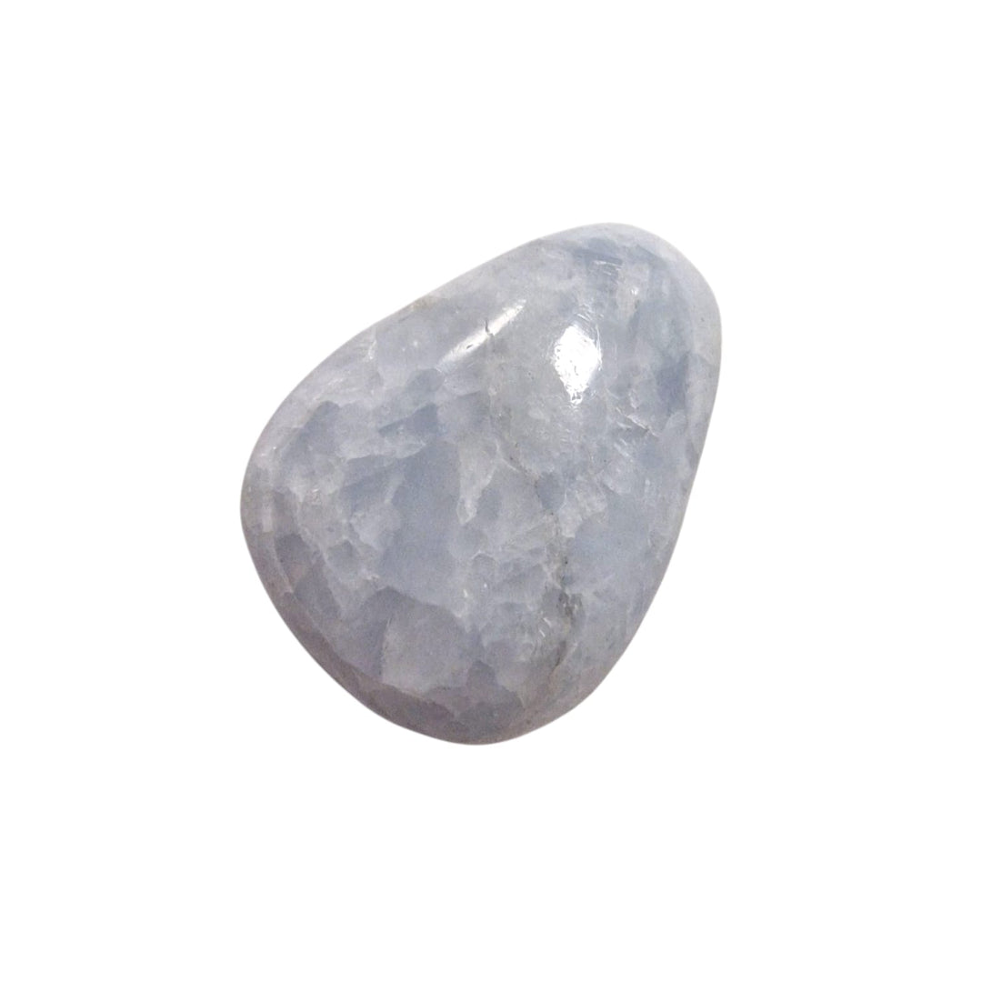 GeoFossils Blue Calcite tumble stone drilled at top, ideal for wearing or carrying