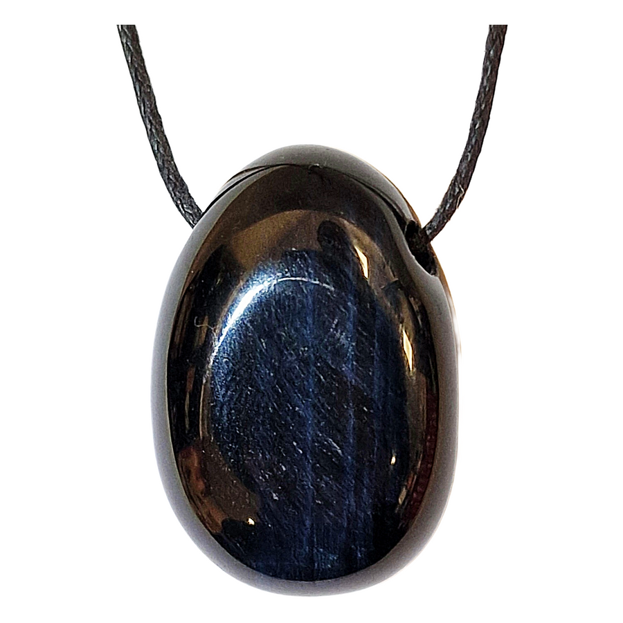 GeoFossils Blue Tigers Eye Drilled Tumble Stone – silky navy and black crystal with horizontal drill hole for protection, clarity and focused calm