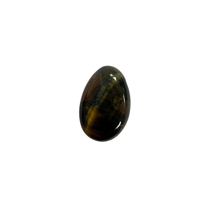 Drilled Blue Tiger’s Eye tumble stone featuring rich blue-black hues and natural shimmering bands across the surface.