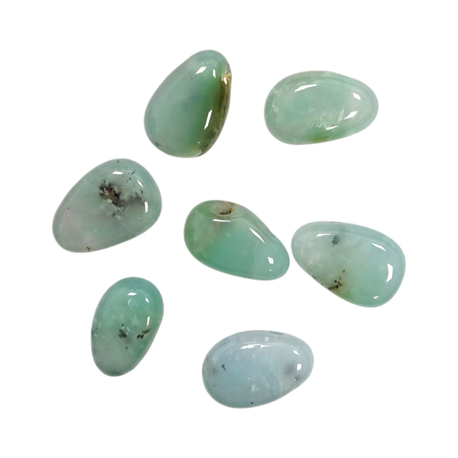 GeoFossils Chrysoprase Drilled Tumble Stone, a vibrant green crystal for heart healing, joy, and emotional renewal.