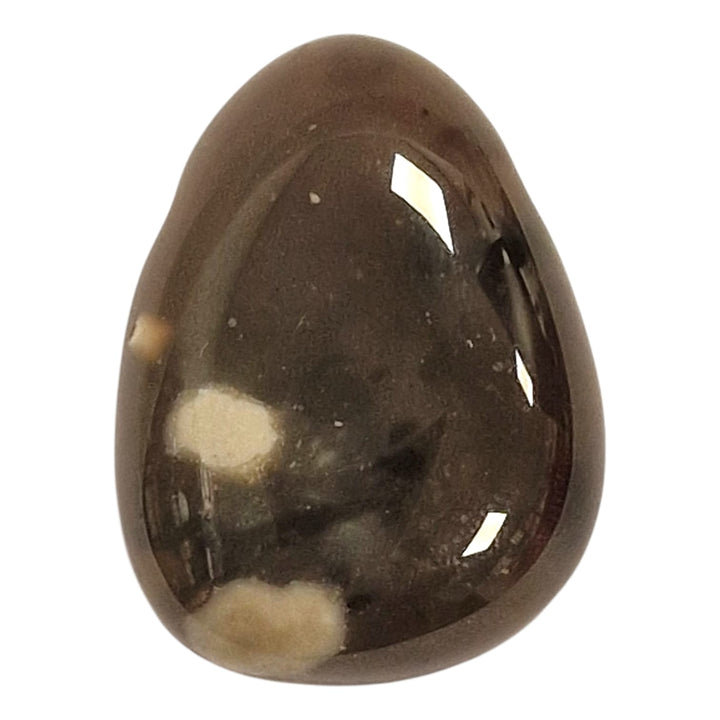 Drilled Black Flint tumble stone featuring smooth dark grey to black surface with occasional lighter streaks or inclusions.