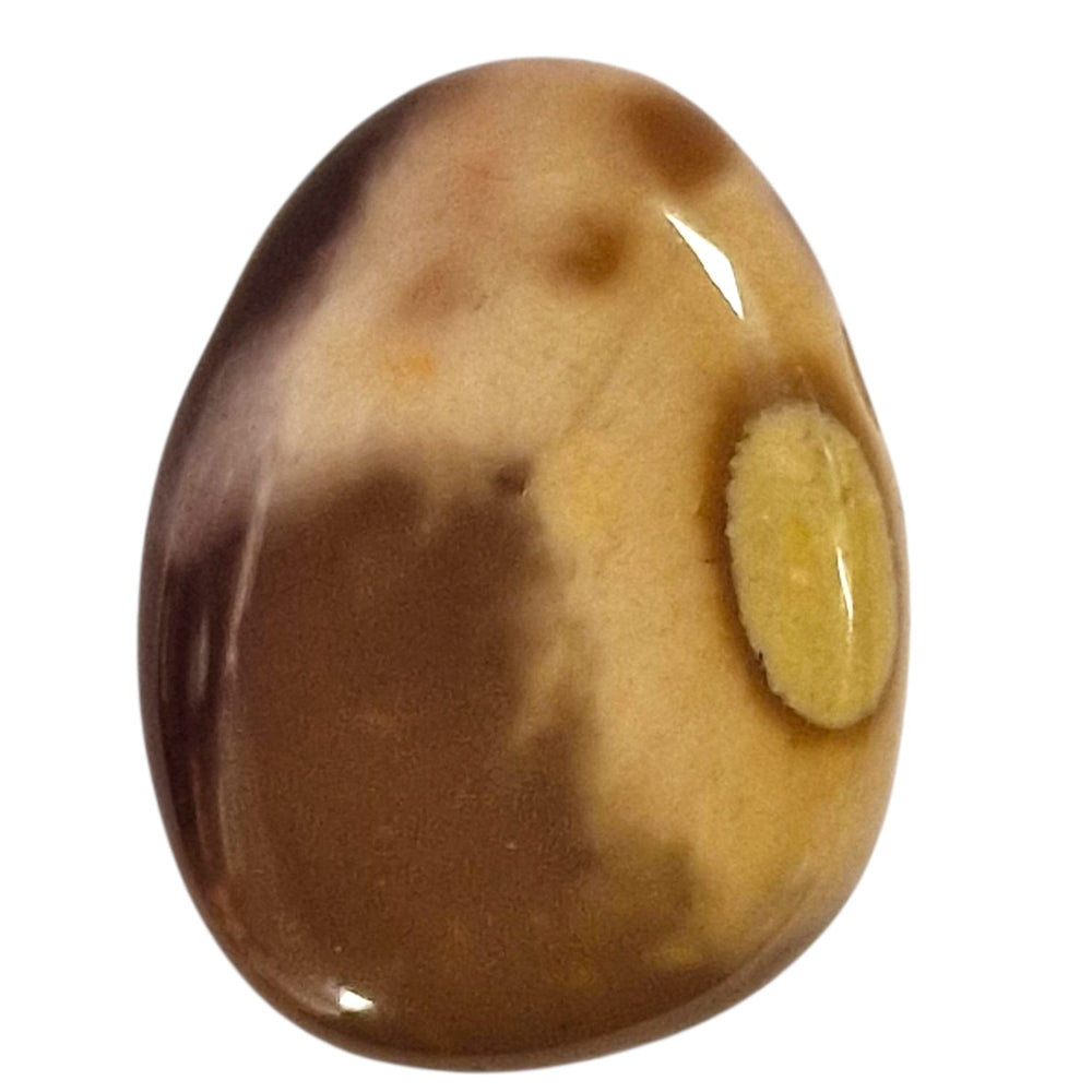 Polished Mookaite drilled tumble stone featuring bold natural swirls of red, ochre, and ivory with a smooth finish