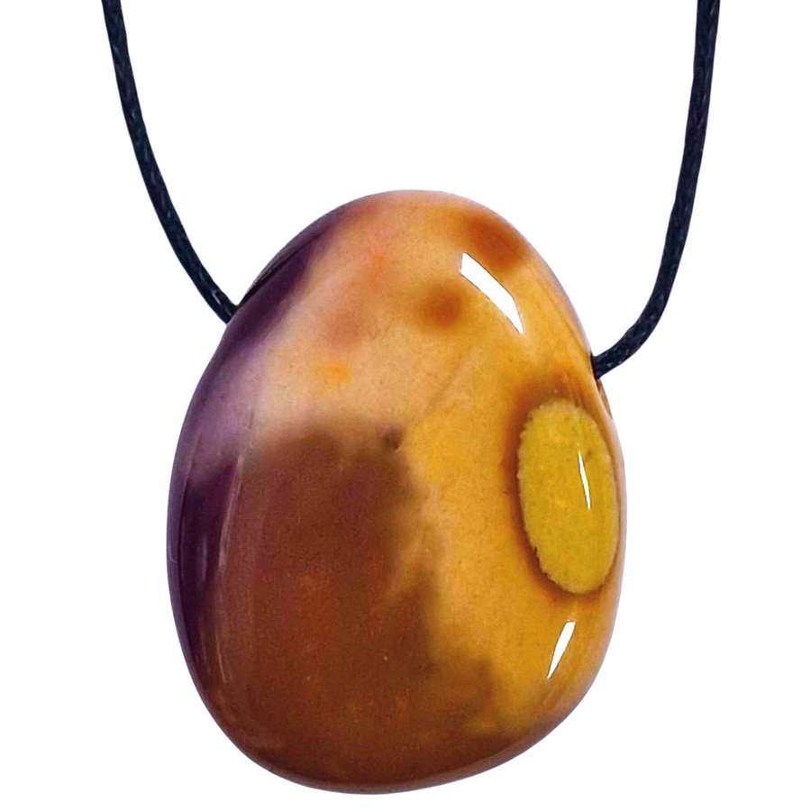 Mookaite tumble stone pendant showcasing rich earthy tones of mustard, burgundy, and cream, displayed on a black cotton cord.