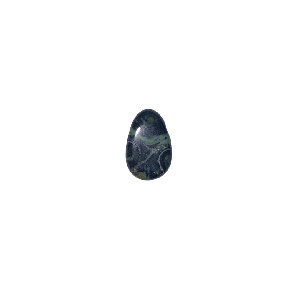 Polished Nebula Stone drilled tumble stone featuring deep green tones with nebula-like circular markings across its surface.