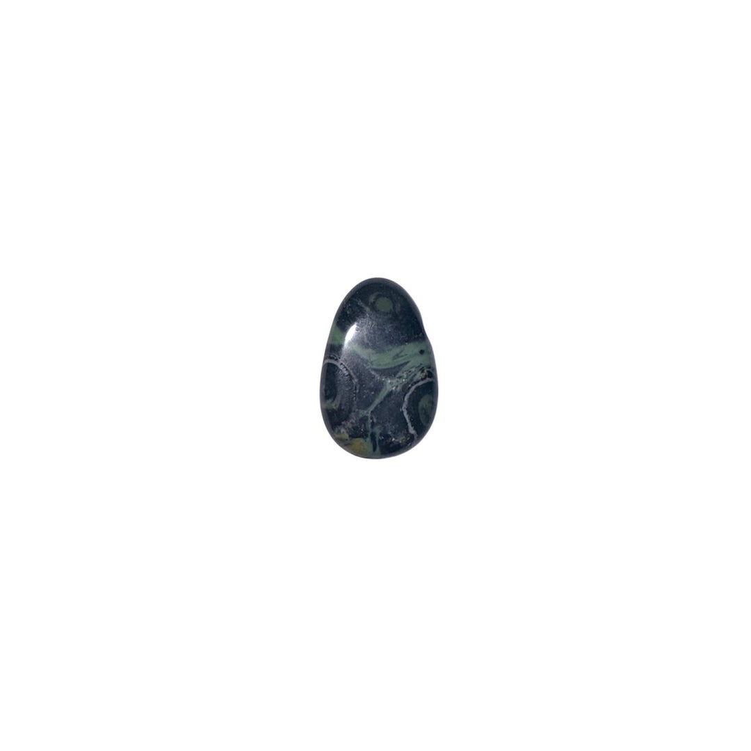 Polished Nebula Stone drilled tumble stone featuring deep green tones with nebula-like circular markings across its surface.