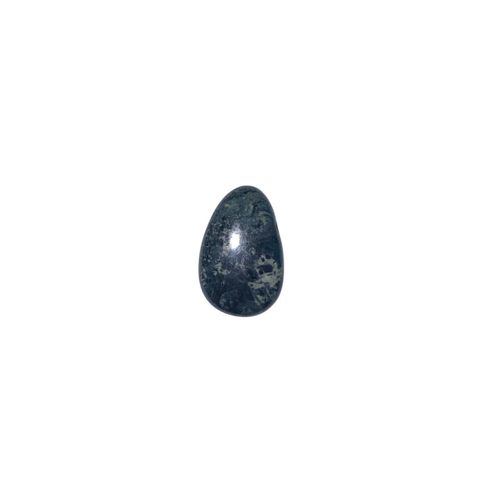 Polished Nebula Stone drilled tumble stone featuring deep green tones with nebula-like circular markings across its surface.