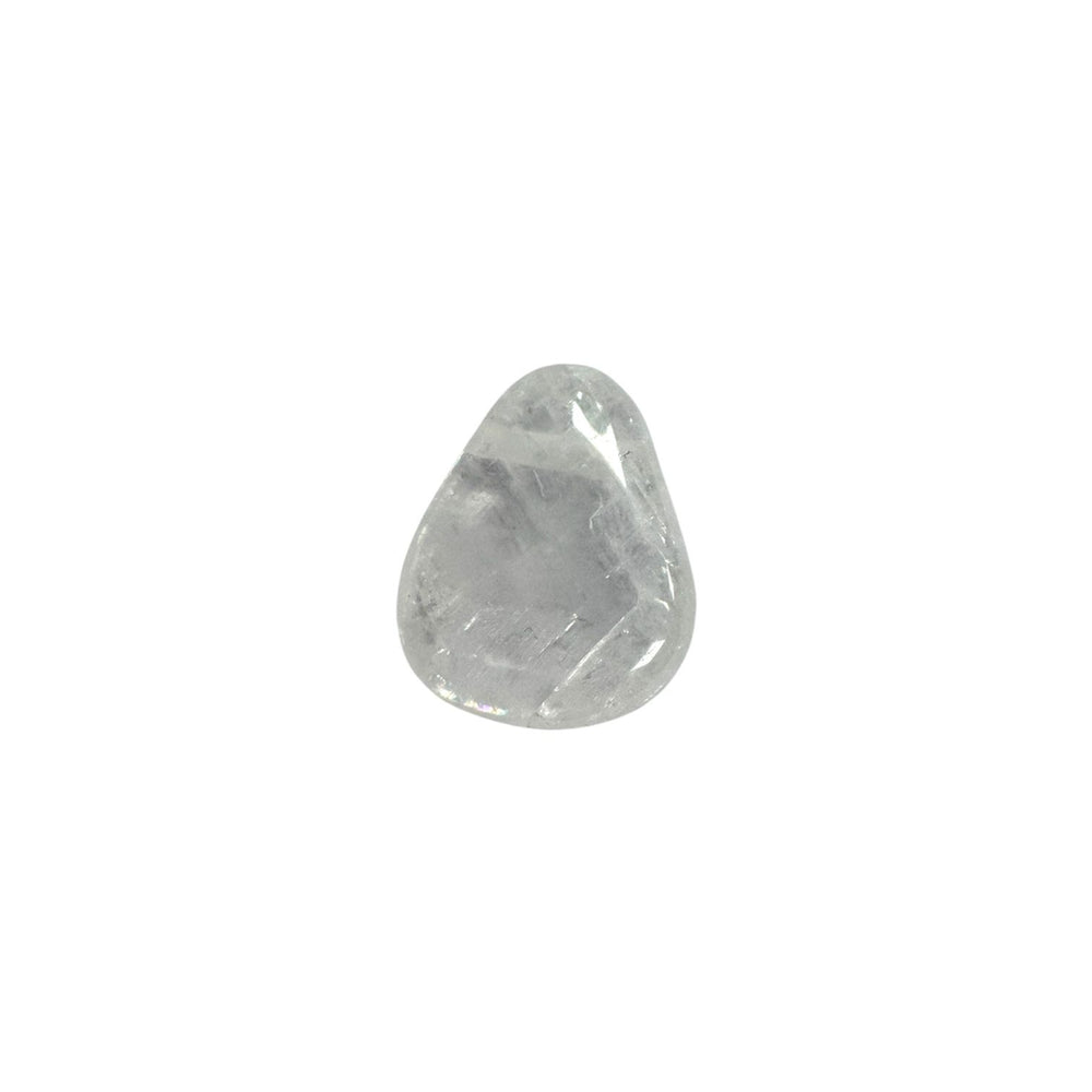 Polished Optical Calcite drilled tumble stone showing high transparency, double refraction effects, and rainbow-like light play.