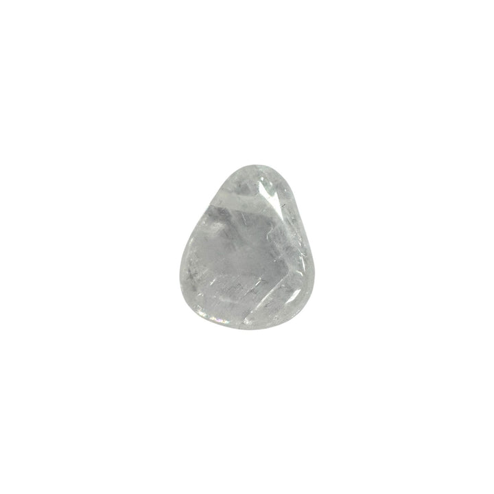 Polished Optical Calcite drilled tumble stone showing high transparency, double refraction effects, and rainbow-like light play.
