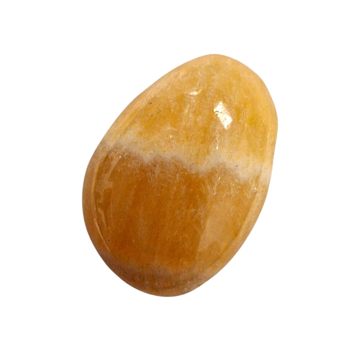 GeoFossils Orange Calcite drilled tumble stone with warm orange glow