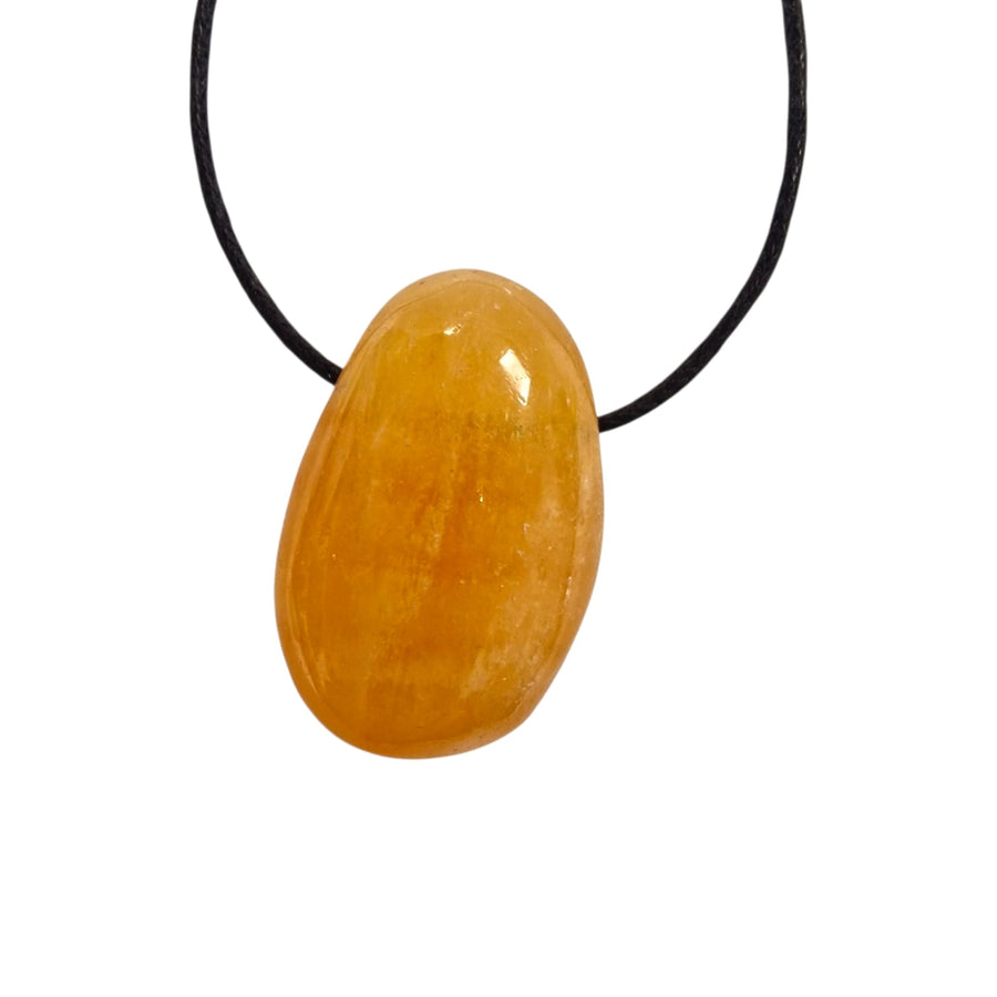 GeoFossils Orange Calcite drilled tumble stone shown on black cotton cord