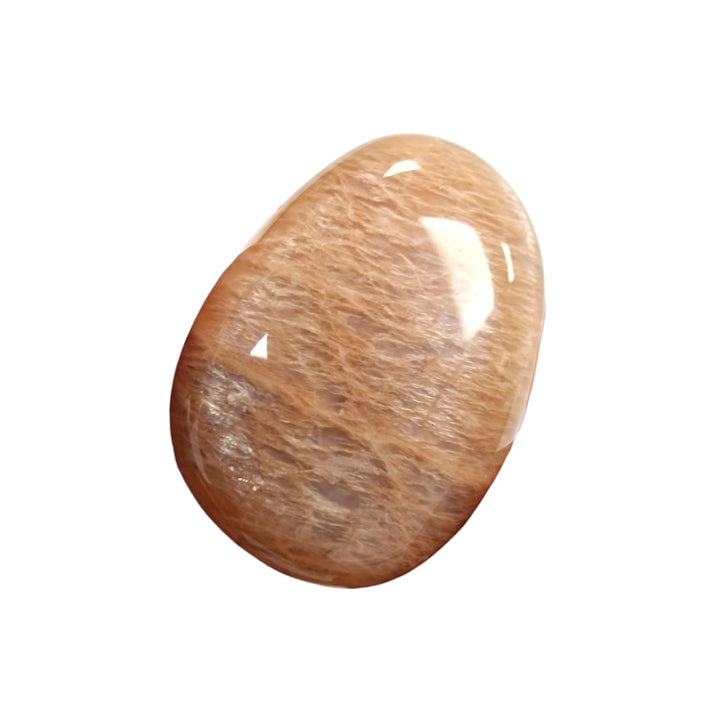 GeoFossils Peach Moonstone drilled tumble stone with soft peach shimmer and natural curves