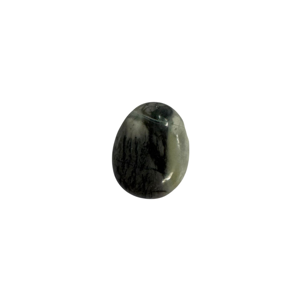 Polished Picasso Jasper drilled tumble stone featuring bold linear and web-like markings in earthy monochrome tones.