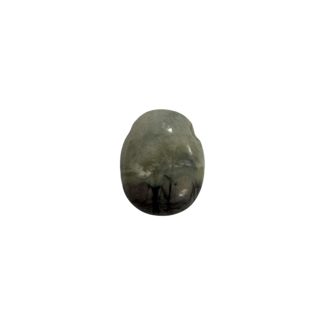 Polished Picasso Jasper drilled tumble stone featuring bold linear and web-like markings in earthy monochrome tones.